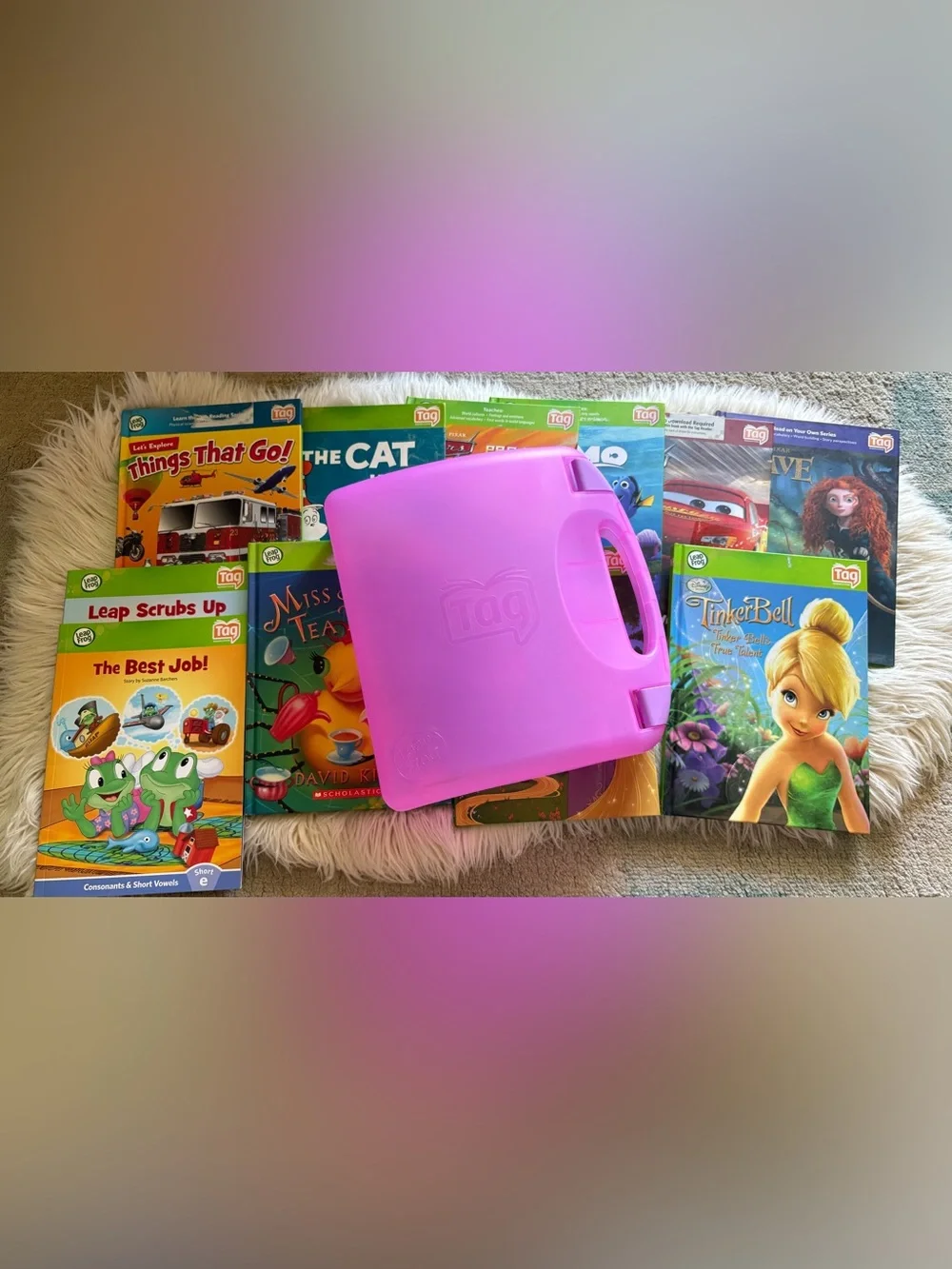 Leapfrog Tag Pen Reader System 11 Books Case Cord Bundle Disney Cars Learning